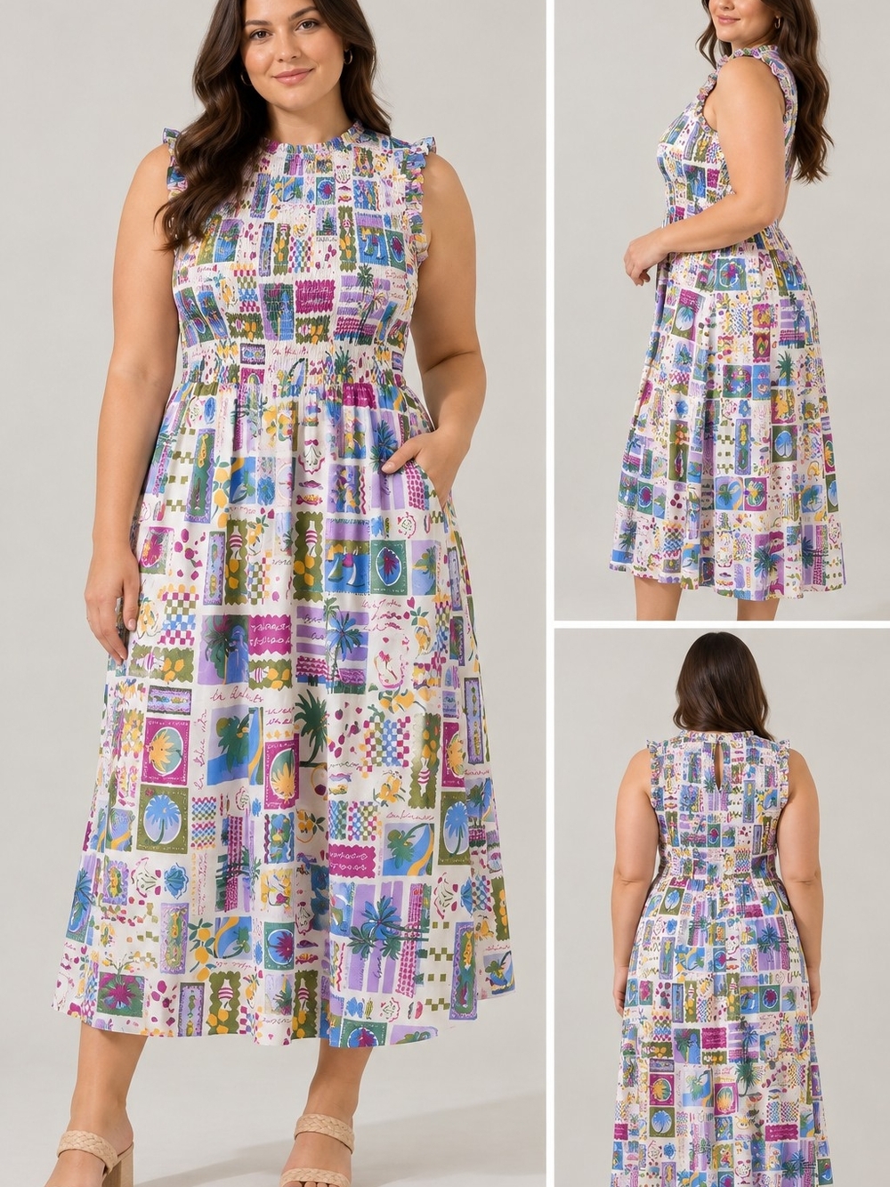 Sugarlips White Multi Patchwork Print Sleeveless Midi Dress